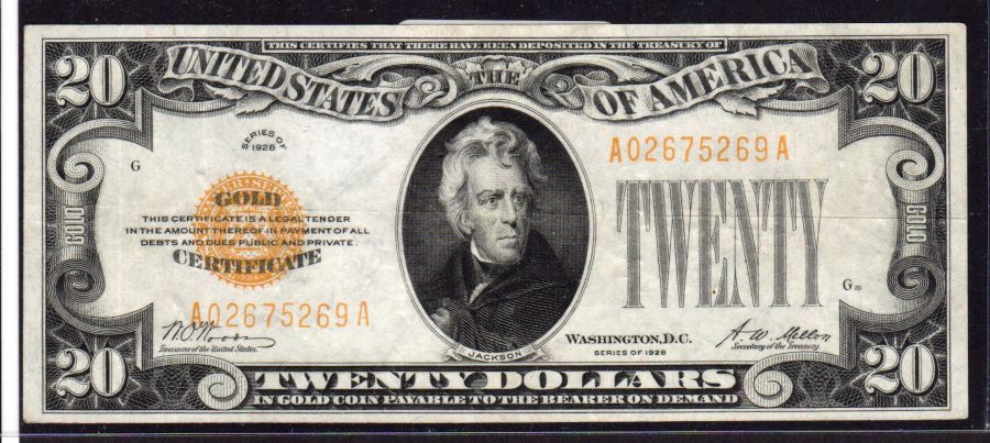 Fr.2402, 1928 $20 Gold Certificate, A02675269A, VF[30]